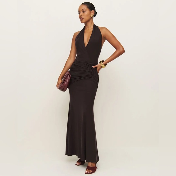 Reformation | Dresses | Reformation Brown Halter Ruched Maxi Dress